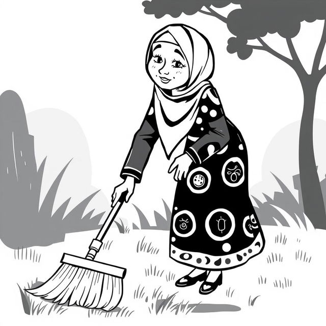 A black and white illustration of a stylized, non-realistic housewife wearing a hijab, sweeping the yard while leaning towards the ground