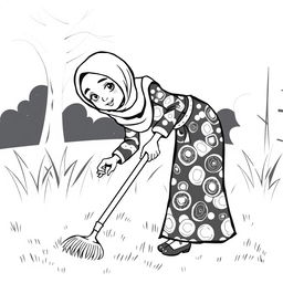 A black and white illustration of a stylized, non-realistic housewife wearing a hijab, sweeping the yard while leaning towards the ground
