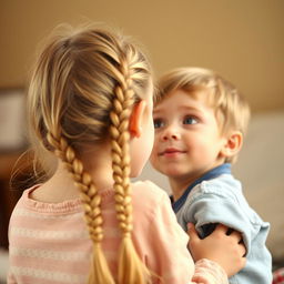 A charming scene featuring an older sister with long, blonde hair styled in two braids, whispering into the ear of her younger brother