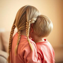 A charming scene featuring an older sister with long, blonde hair styled in two braids, whispering into the ear of her younger brother