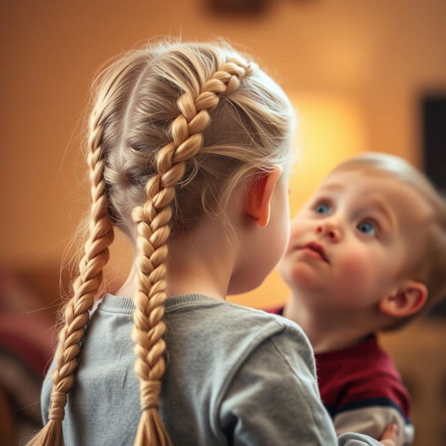 A charming scene featuring an older sister with long, blonde hair styled in two braids, whispering into the ear of her younger brother