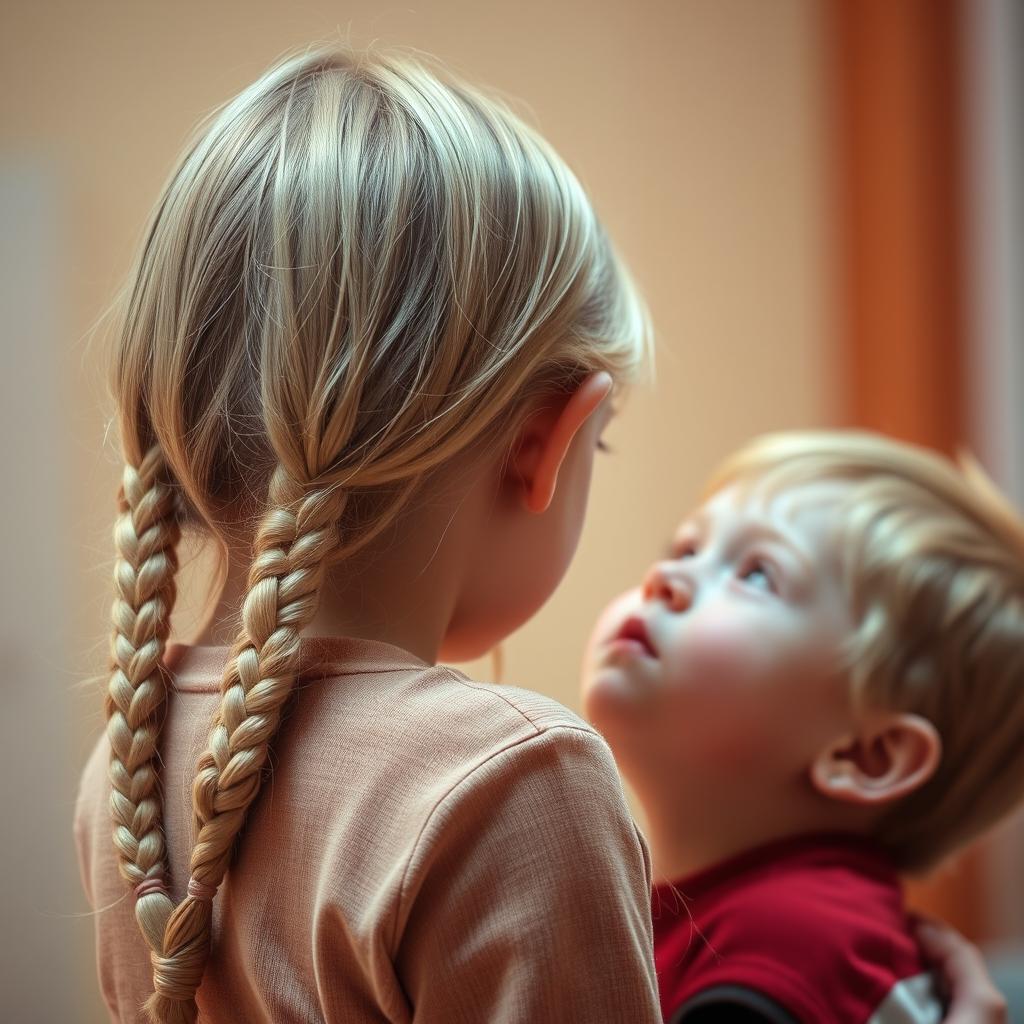 A charming scene featuring an older sister with long, blonde hair styled in two braids, whispering into the ear of her younger brother