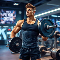 A modern fitness assistant character, an athletic man with a muscular build and short, stylish hair, demonstrating a weightlifting exercise in a high-tech gym environment