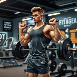A modern fitness assistant character, an athletic man with a muscular build and short, stylish hair, demonstrating a weightlifting exercise in a high-tech gym environment