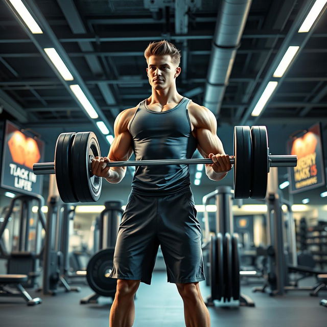 A modern fitness assistant character, an athletic man with a muscular build and short, stylish hair, demonstrating a weightlifting exercise in a high-tech gym environment