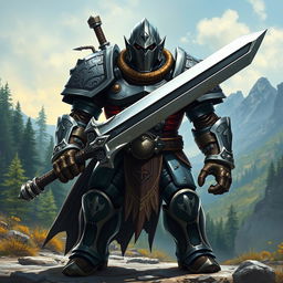 A fully armored Dungeons & Dragons warforged character standing confidently, wielding a large greatsword