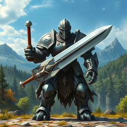 A fully armored Dungeons & Dragons warforged character standing confidently, wielding a large greatsword