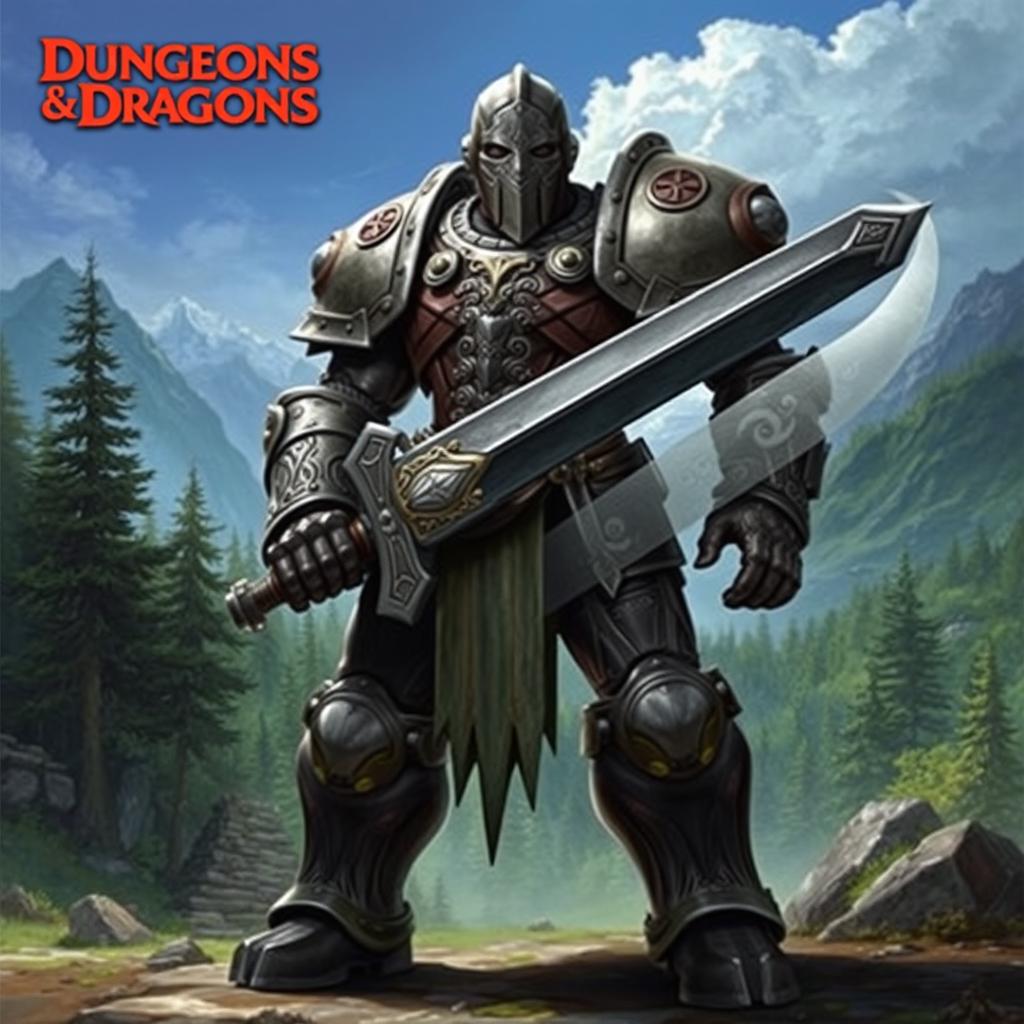 A fully armored Dungeons & Dragons warforged character standing confidently, wielding a large greatsword