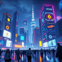 A futuristic, vibrant cityscape showcasing the concept of cryptocurrency