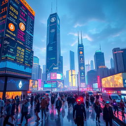 A futuristic, vibrant cityscape showcasing the concept of cryptocurrency