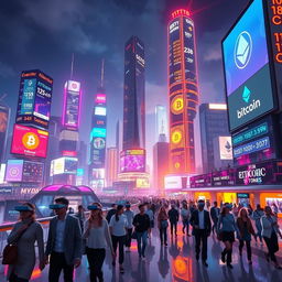 A futuristic, vibrant cityscape showcasing the concept of cryptocurrency