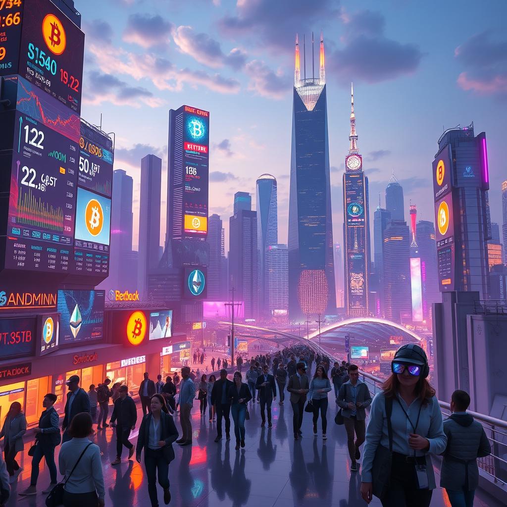 A futuristic, vibrant cityscape showcasing the concept of cryptocurrency