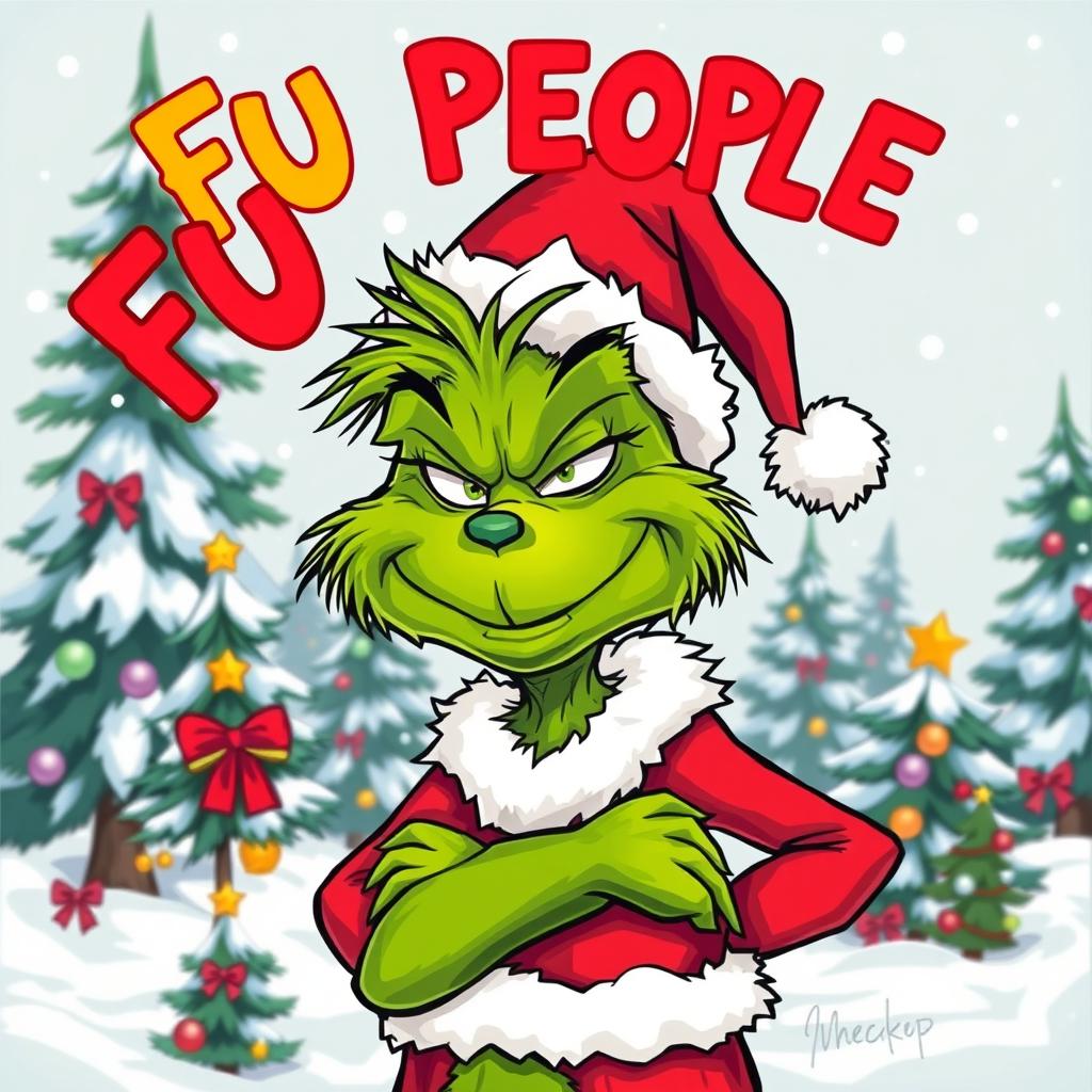 A whimsical, cartoonish depiction of the Grinch, a green, hairy creature with a mischievous grin