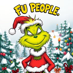 A whimsical, cartoonish depiction of the Grinch, a green, hairy creature with a mischievous grin