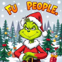 A whimsical, cartoonish depiction of the Grinch, a green, hairy creature with a mischievous grin