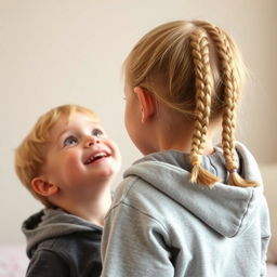 A delightful scene featuring a young blonde sister with two braids, playfully whispering into the ear of her 7-year-old younger brother