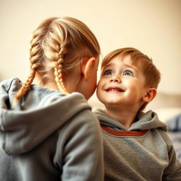 A delightful scene featuring a young blonde sister with two braids, playfully whispering into the ear of her 7-year-old younger brother