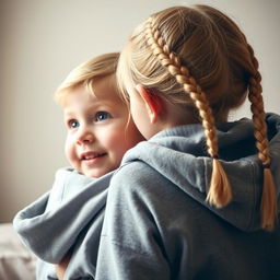 A delightful scene featuring a young blonde sister with two braids, playfully whispering into the ear of her 7-year-old younger brother