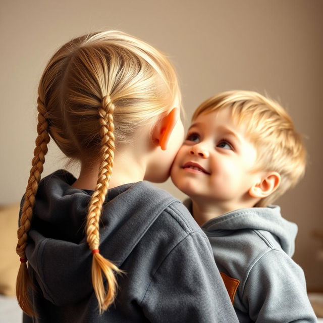 A delightful scene featuring a young blonde sister with two braids, playfully whispering into the ear of her 7-year-old younger brother