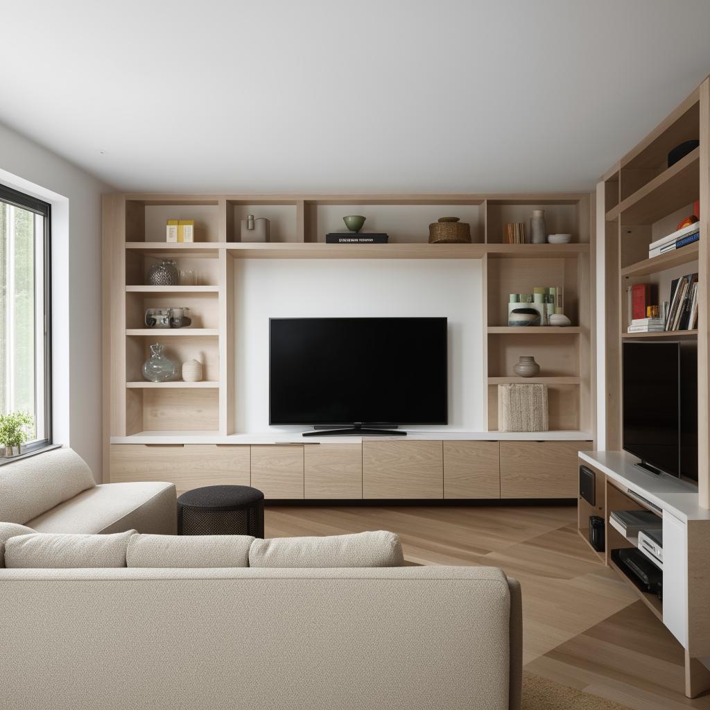 Living room featuring an L-shaped furniture setup designed specifically for a TV, with built-in shelving and storage