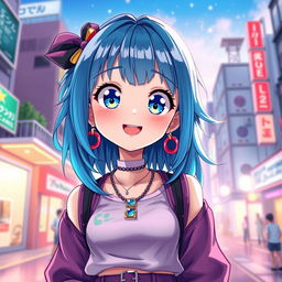 A digital artwork featuring a blue-haired anime girl, with large expressive eyes and a playful smile