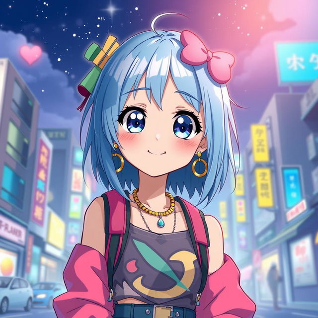 A digital artwork featuring a blue-haired anime girl, with large expressive eyes and a playful smile