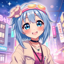 A digital artwork featuring a blue-haired anime girl, with large expressive eyes and a playful smile