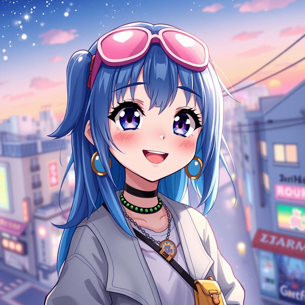 A digital artwork featuring a blue-haired anime girl, with large expressive eyes and a playful smile