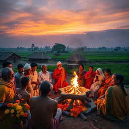 A tranquil village scene at dusk, showcasing villagers gathered around a sacred fire for a ritual, with a priest in traditional attire chanting prayers