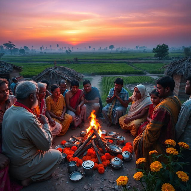 A tranquil village scene at dusk, showcasing villagers gathered around a sacred fire for a ritual, with a priest in traditional attire chanting prayers