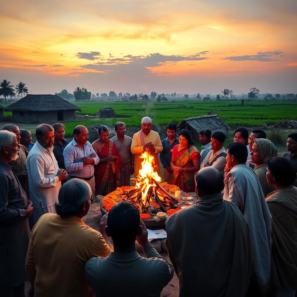 A tranquil village scene at dusk, showcasing villagers gathered around a sacred fire for a ritual, with a priest in traditional attire chanting prayers