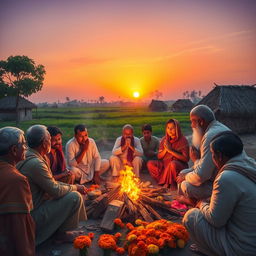A tranquil village scene at dusk, showcasing villagers gathered around a sacred fire for a ritual, with a priest in traditional attire chanting prayers