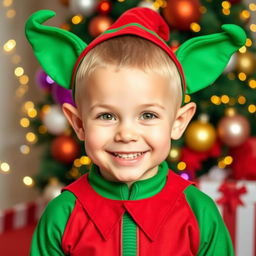A cute 6-year-old boy dressed as Santa's little helper elf, featuring large, playful elf ears