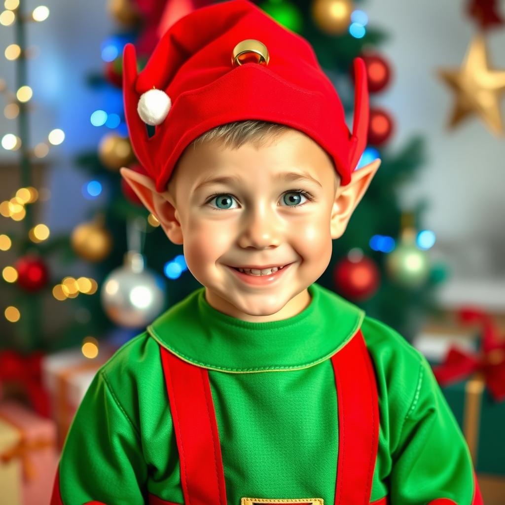 A cute 6-year-old boy dressed as Santa's little helper elf, featuring large, playful elf ears