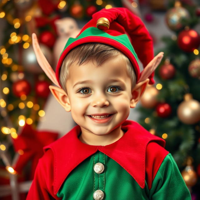 A cute 6-year-old boy dressed as Santa's little helper elf, featuring large, playful elf ears