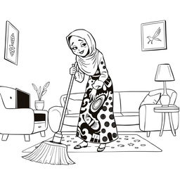 A black and white illustration of a stylized, non-realistic housewife wearing a hijab, sweeping the living room while leaning towards the ground