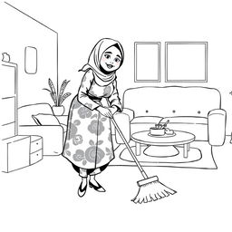 A black and white illustration of a stylized, non-realistic housewife wearing a hijab, sweeping the living room while leaning towards the ground