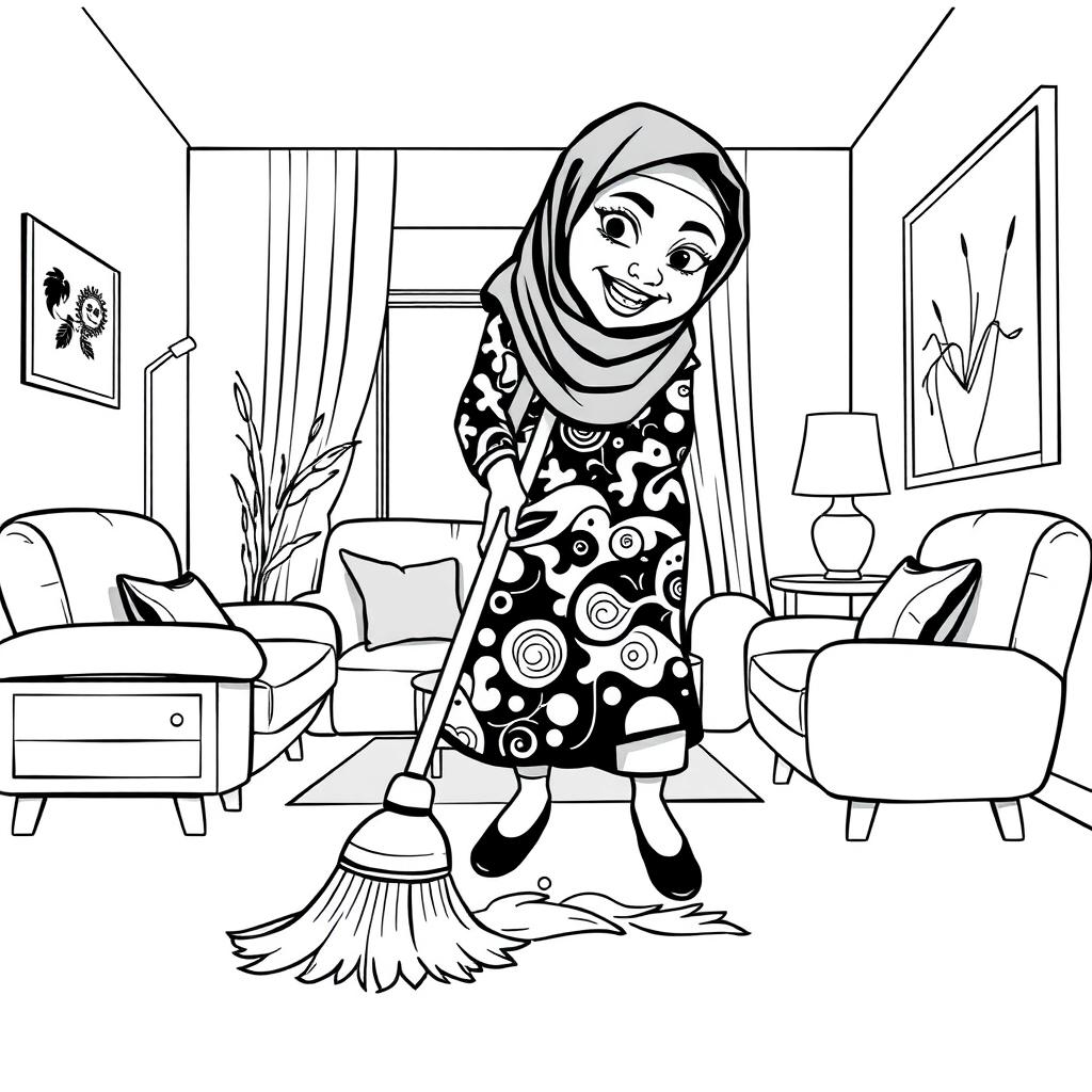 A black and white illustration of a stylized, non-realistic housewife wearing a hijab, sweeping the living room while leaning towards the ground