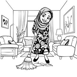 A black and white illustration of a stylized, non-realistic housewife wearing a hijab, sweeping the living room while leaning towards the ground