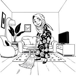 A black and white illustration of a stylized, non-realistic housewife wearing a hijab, sweeping the living room while leaning towards the ground