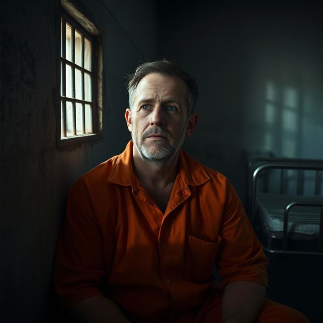 A middle-aged man sitting in a jail cell, looking contemplative with a rugged appearance
