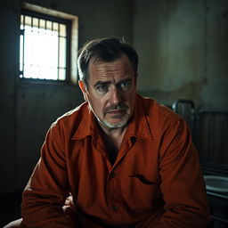 A middle-aged man sitting in a jail cell, looking contemplative with a rugged appearance