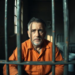 A middle-aged man sitting in a jail cell, looking contemplative with a rugged appearance