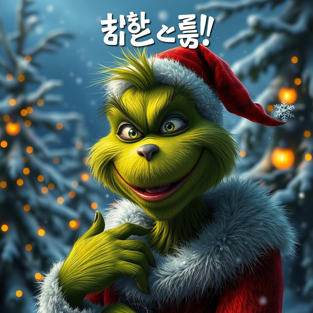 A highly detailed and realistic depiction of the Grinch, featuring his distinctive green fur, expressive eyes, and mischievous smile