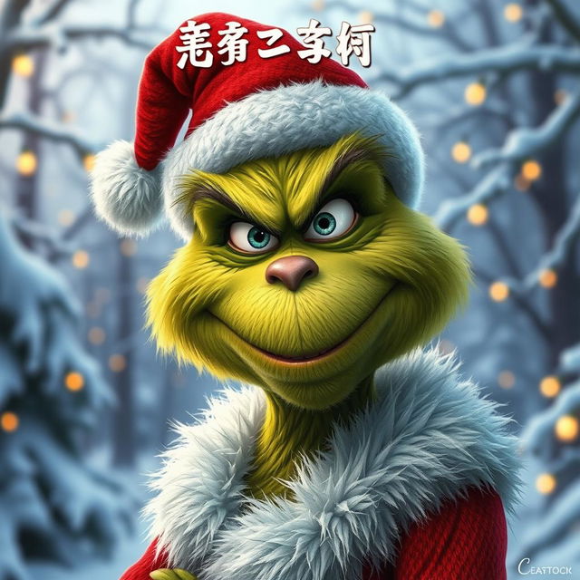 A highly detailed and realistic depiction of the Grinch, featuring his distinctive green fur, expressive eyes, and mischievous smile