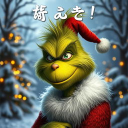 A highly detailed and realistic depiction of the Grinch, featuring his distinctive green fur, expressive eyes, and mischievous smile