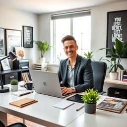 A highly organized workspace featuring a stylish desk with a sleek laptop open, surrounded by neatly arranged stationery, plants, and a coffee cup