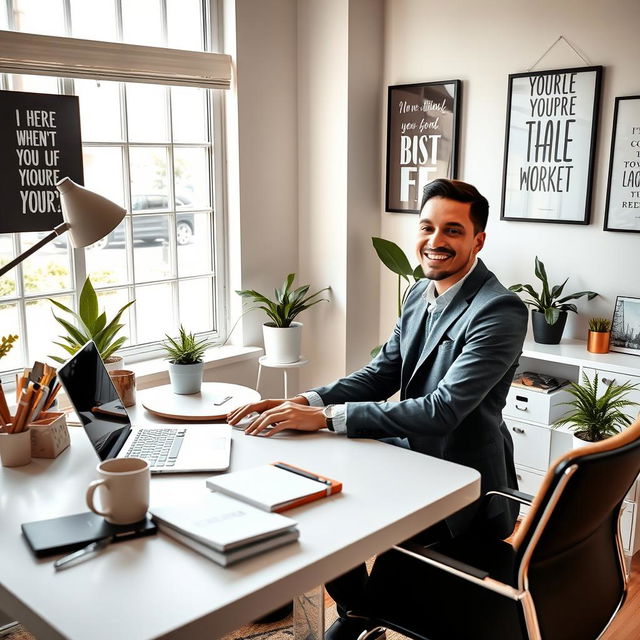 A highly organized workspace featuring a stylish desk with a sleek laptop open, surrounded by neatly arranged stationery, plants, and a coffee cup