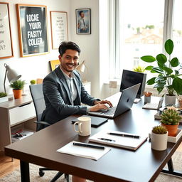 A highly organized workspace featuring a stylish desk with a sleek laptop open, surrounded by neatly arranged stationery, plants, and a coffee cup
