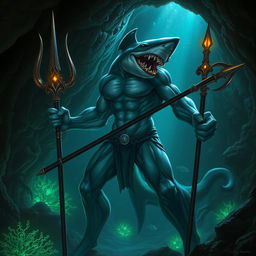 A fantasy scene featuring an evil hybrid shark-human, combining fierce shark attributes with a muscular human physique, complete with sharp teeth and gills